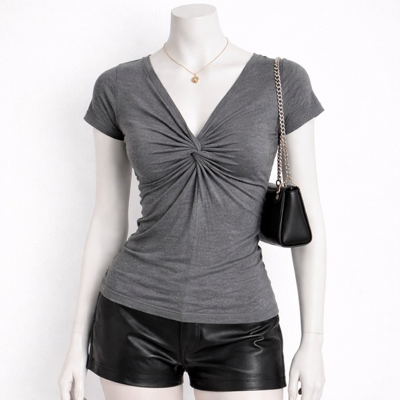 Velvet by Graham & Spencer Tops - Velvet By Graham & Spencer Gray Twist Front V-Neck Short Sleeve Top